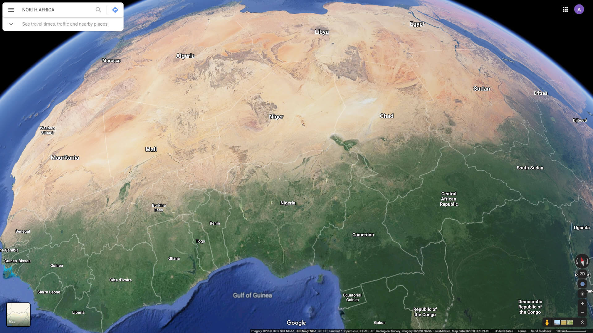 Satellite View of North Africa with Country Labels and Desert Regions